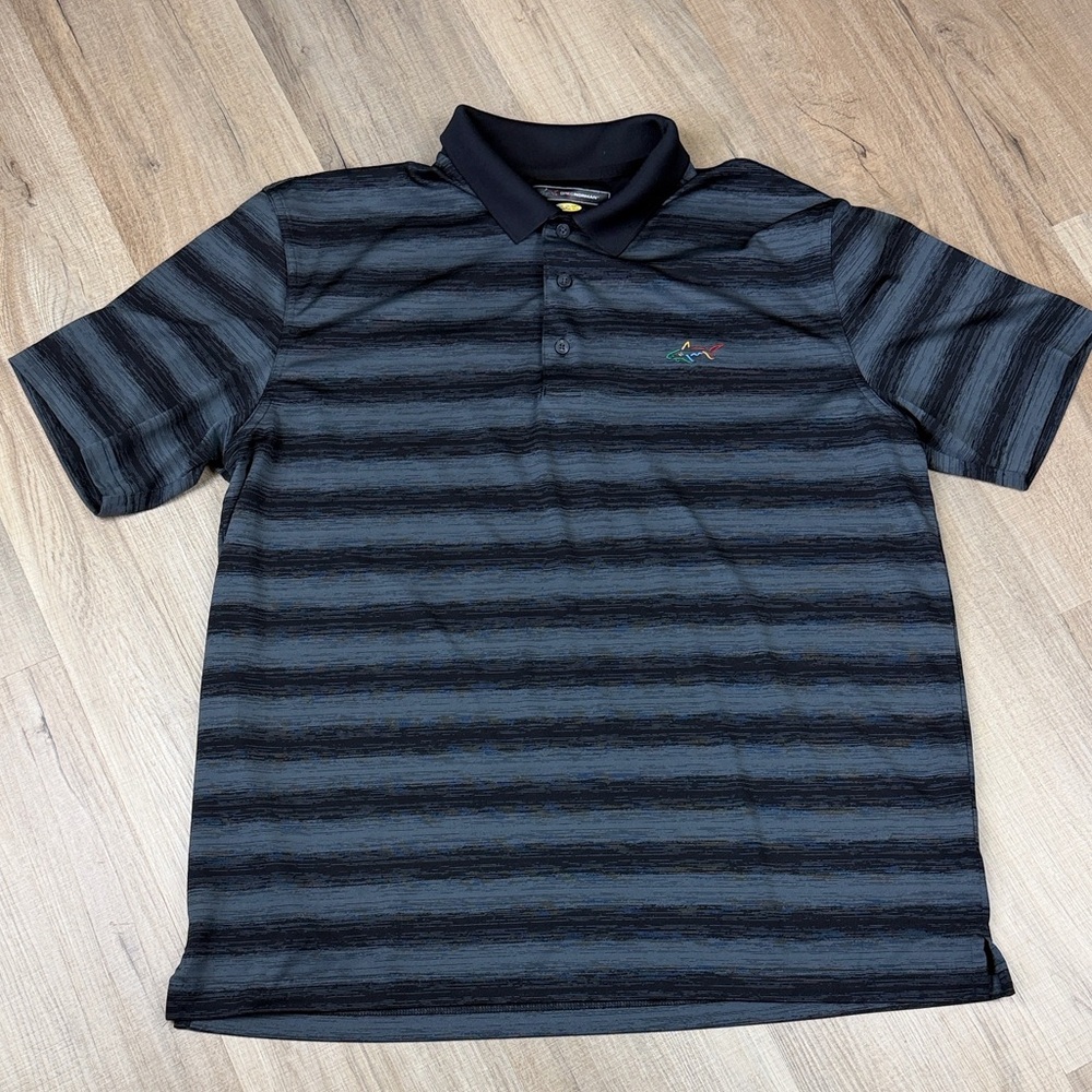 Greg Norman Golf Polo Shirt Men XL Black Gray Striped Dry Performance Stretch